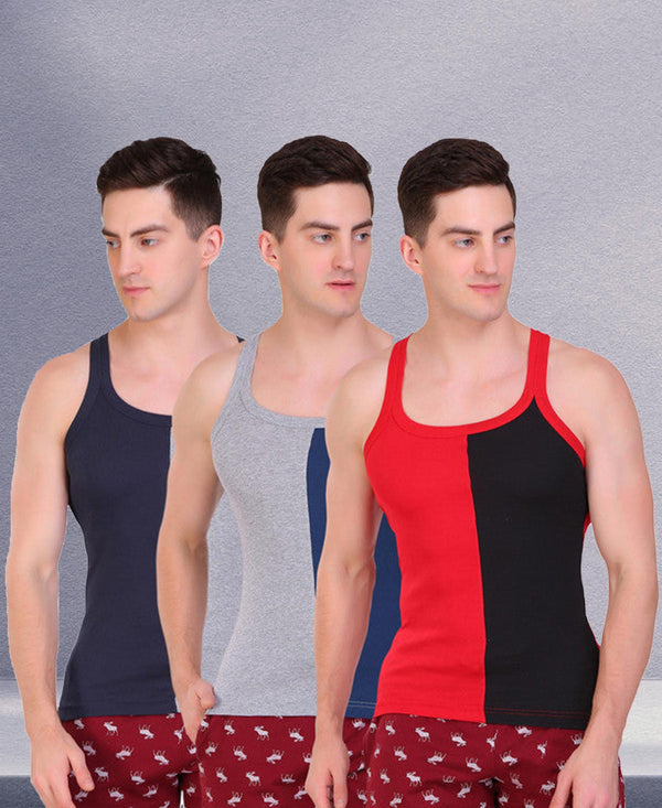 T.T. Men DesignerGym Vest Pack Of 3 Red-Black -Grey-Blue -Blue-Grey
