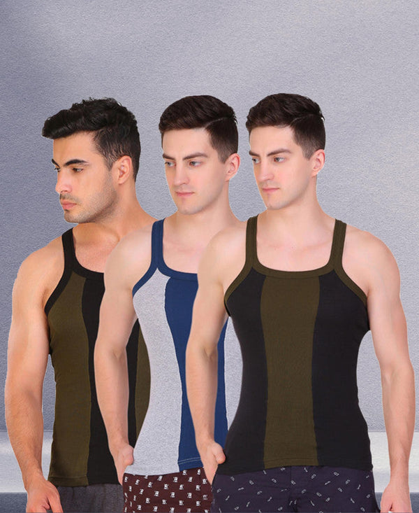 T.T. Men DesignerGym Vest Pack Of 3 Black-Olive -Grey-Blue -Olive-Black