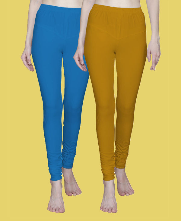 T.T. Women Solid Chudidar Cotton Lycra Cool Leggings -Firoza - Turmeric( Free Size)