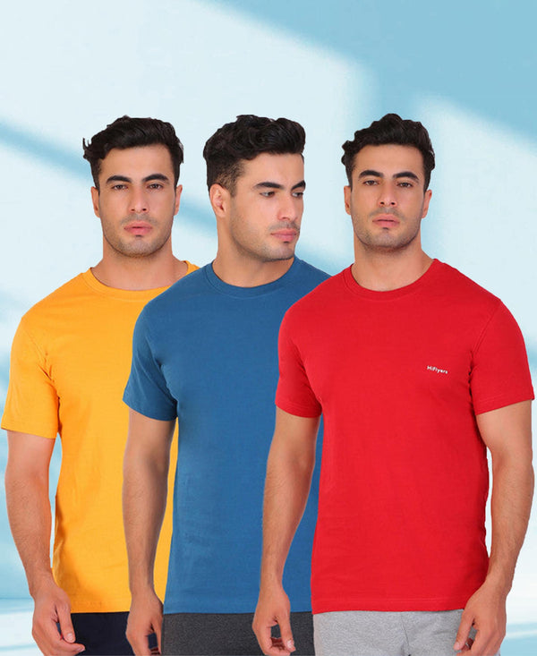 HiFlyers Men Slim Fit Solid Pack Of 3 Premium Rn T-Shirt Deep Atlantic-Red-Gold