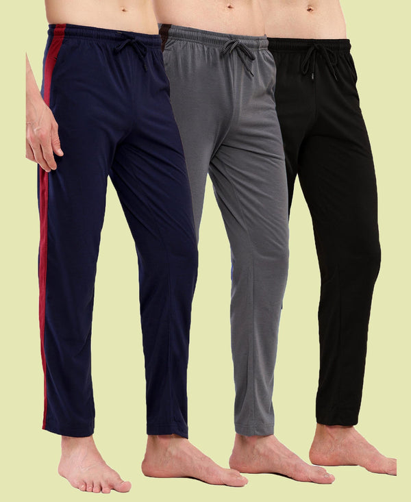 T.T. Men Regular Fit Poly Jersey Cut And Sew Trackpant Pack Of 3-Black-Grey-Navy