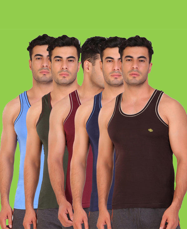 T.T. Men Captain Solid Pack Of 5 Dyed Vest Assorted