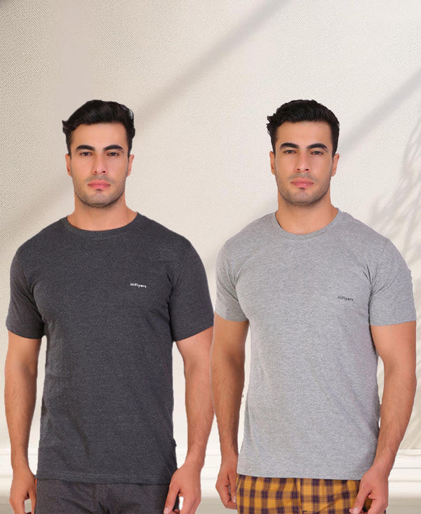 HiFlyers Men Slim Fit Solid Pack Of 2 Premium Rn T-Shirt Grey-Anthra