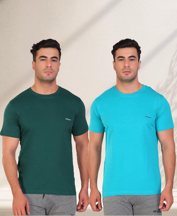 HiFlyers Men Slim Fit Solid Pack Of 2 Premium Rn T-Shirt Teal Blue-Eden Green