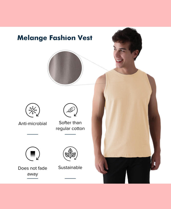 Almo Men’S Cotton Vest|Premium Melange Cotton|Regular Fit|Soft, Breathable, Fade-Resistant | Anti-Bacterial & Lightweight | Ideal For Gym/Sports Activities|Pack Of 2|Black::Tan