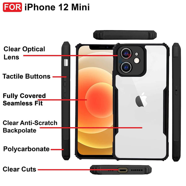 Mobielectro Camera Bump Protection | Slim Stylish 360 Protection Design |Crystal Clear | Shockproof Eagle Back Cover for iPhone 12 Mini - Black