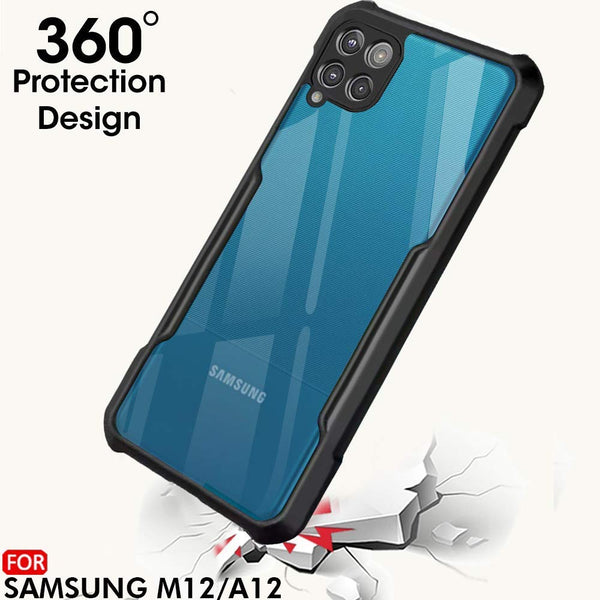 Mobielectro Camera Bump Protection | Slim Stylish 360 Protection Design |Crystal Clear | Shockproof Eagle Back Cover for Samsung M12|A12|F12 - Black