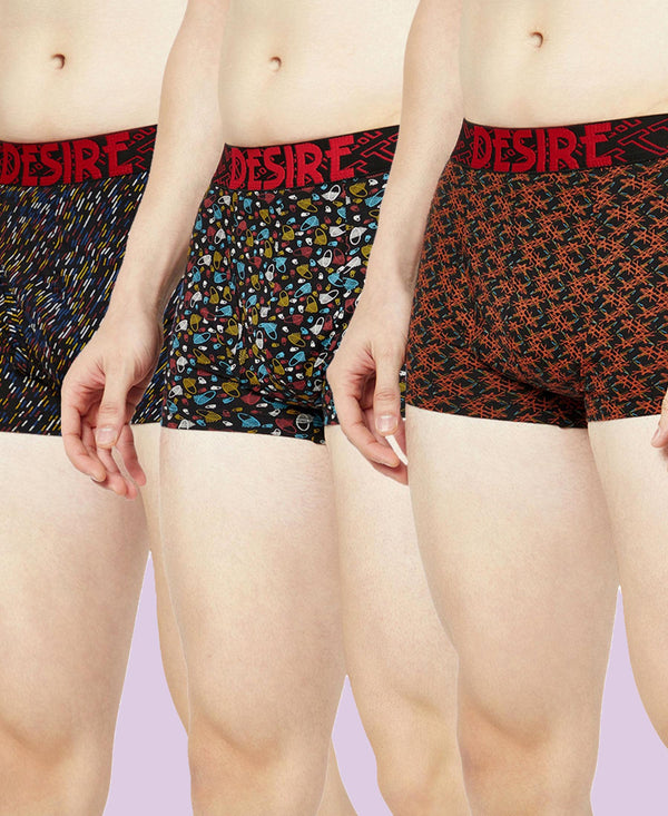 T.T. Mens Desire 100% Combed Cotton Printed Mini Top Elastic Trunk Pack Of 3 Black-Orange-Red