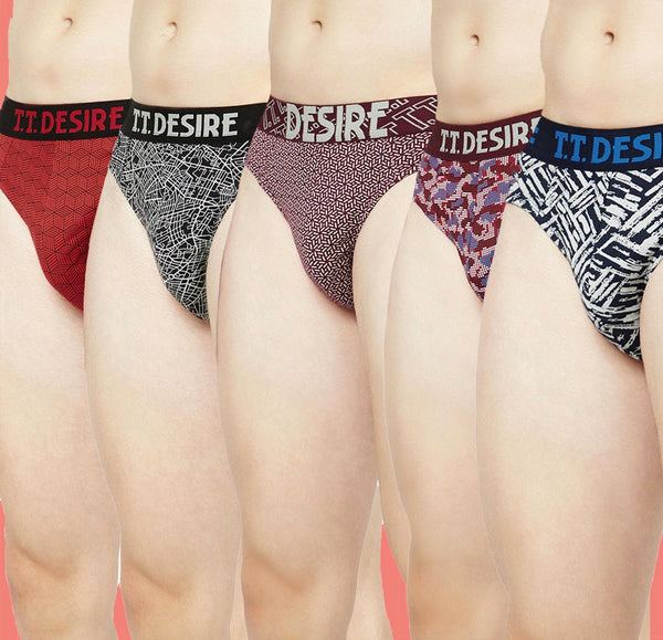 T.T. Mens Desire 100% Combed Cotton Printed Brief Top Elastic Pack Of 5 Assorted