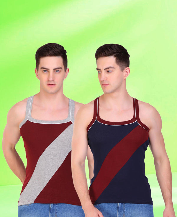 T.T. Men DesignerGym Vest Pack Of 2 Maroon-Grey -Navy-Maroon