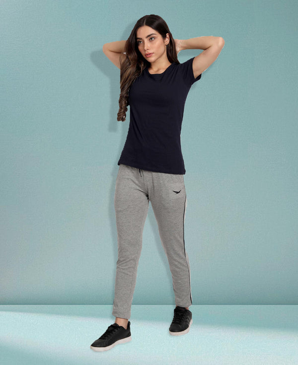 HiFlyers Women Comfort Fit Grey Melange Solid Cotton Track Pants