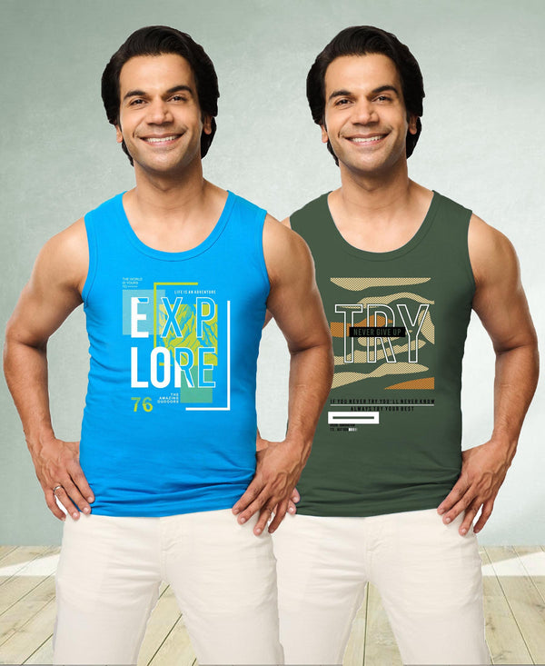 T.T. Men|Cool Tees|100% Cotton|Printed| Regular Fit |Round Neck Muscle Tshirts|Pack Of 2|Blue::Olive