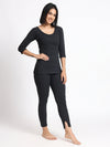 T.T. Women Regular Fit Cotton Rich With Elastomeric Finish 3/4Th Slip -Trouser Thermal Set -Black