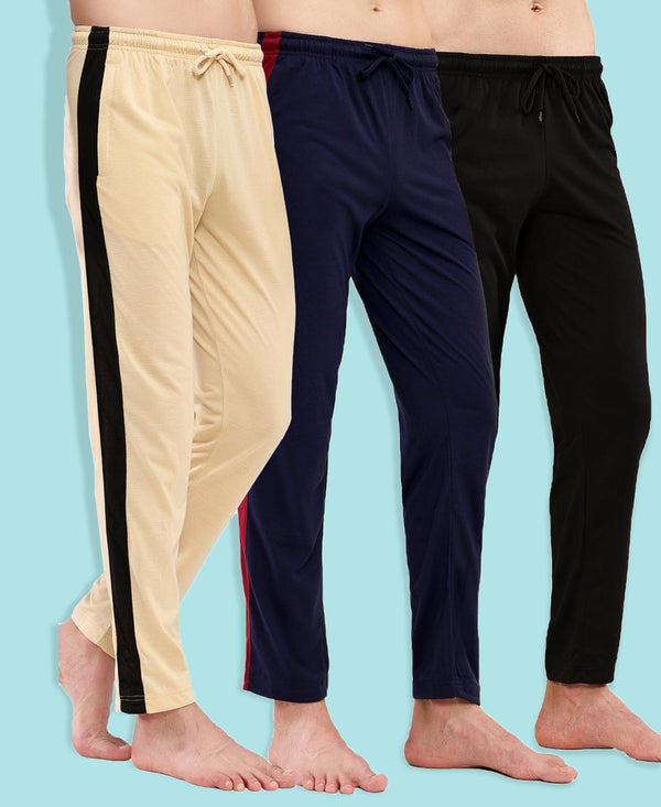 T.T. Men Regular Fit Poly Jersey Cut And Sew Trackpant Pack Of 3-Black-Navy-Skin