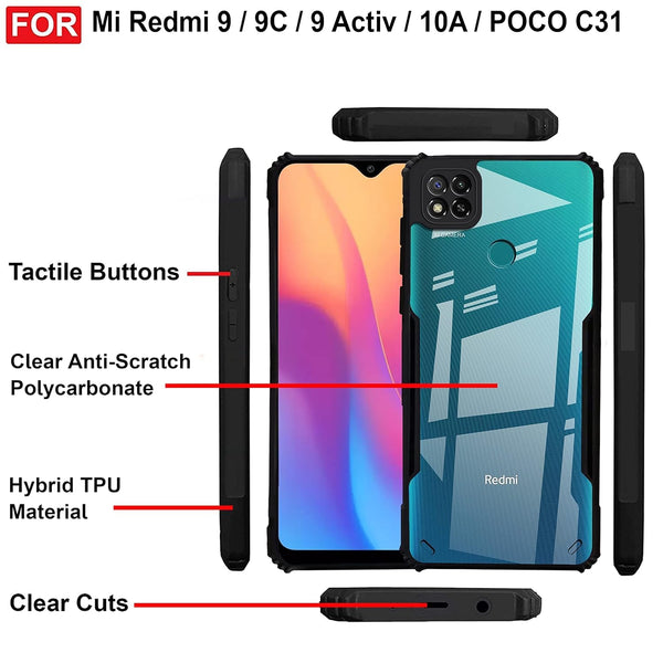 Mobielectro Camera Bump Protection | Slim Stylish 360 Protection Design |Crystal Clear | Shockproof Eagle Back Cover for RedMi 9C| RedMi 9 |RedMi 9 Active|RedMi 10A|POCO C31 - Black