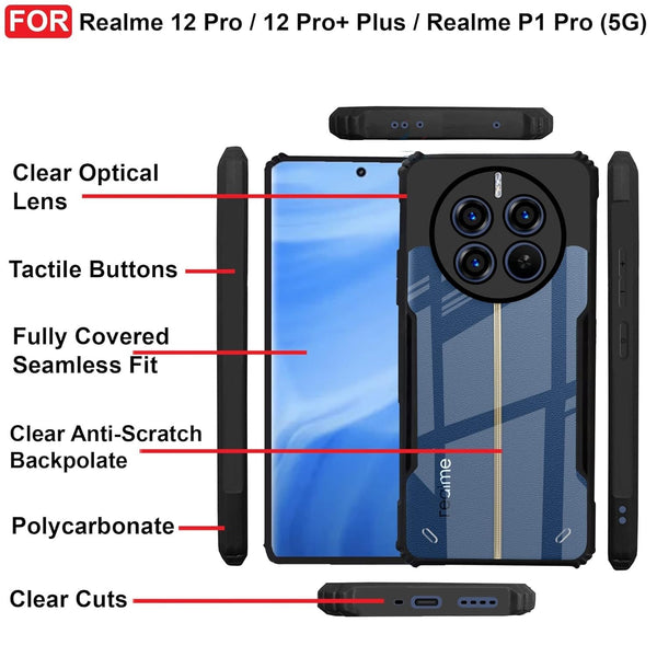 Mobielectro Camera Bump Protection | Slim Stylish 360 Protection Design |Crystal Clear | Shockproof Eagle Back Cover for Realme 12 Plus | P1|Narzo 70|Narzo 70 Pro 5G - Black