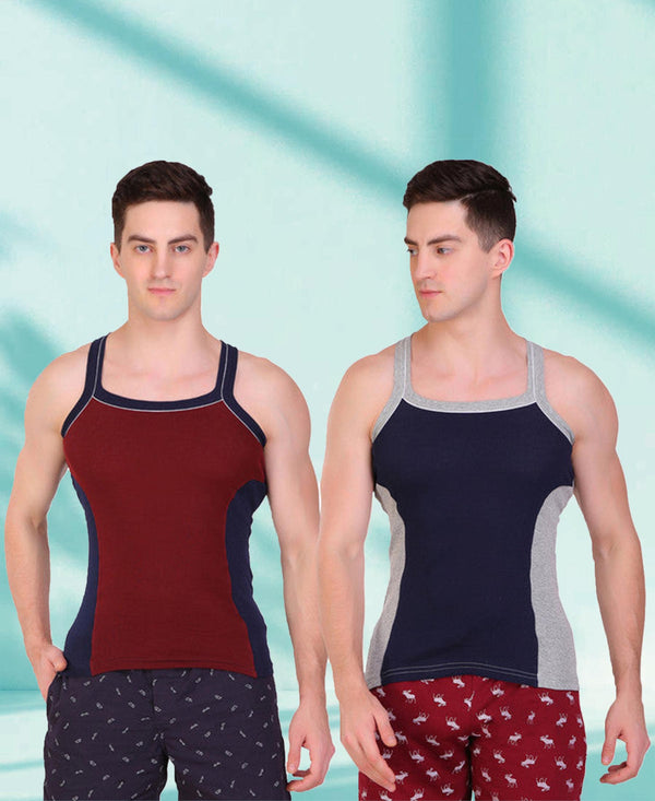 T.T. Men DesignerGym Vest Pack Of 2 Navy-Grey-Maroon-Navy