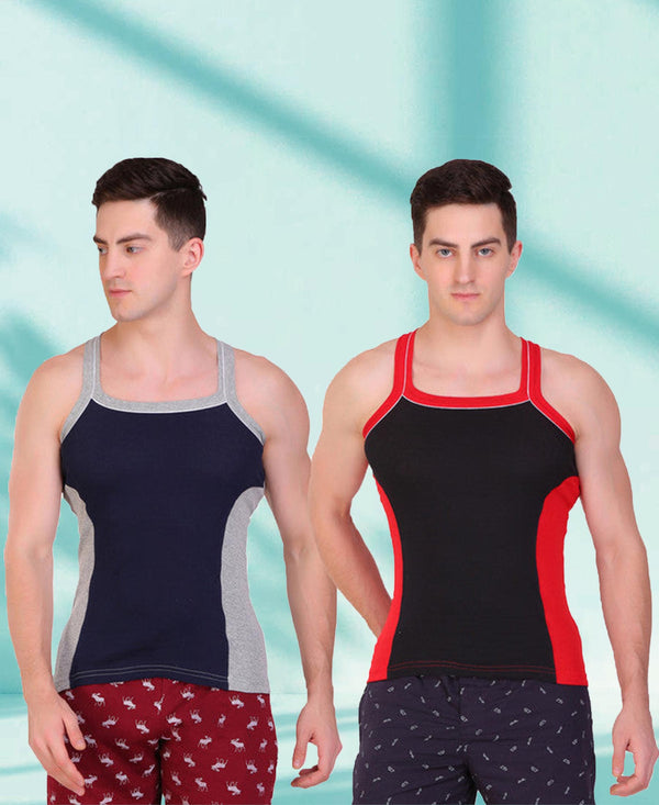 T.T. Men DesignerGym Vest Pack Of 2 Black-Red-Navy-Grey