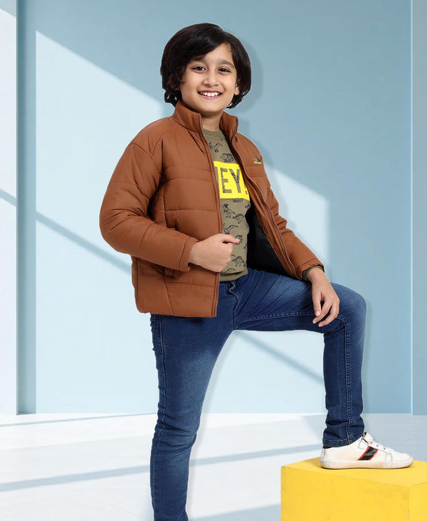 HiFlyers Boys Regular Fit | Polyster |Fluffy Full Sleeves |Quilted Insulation|High Neck Stand Collar|Zipper Jacket -Brown