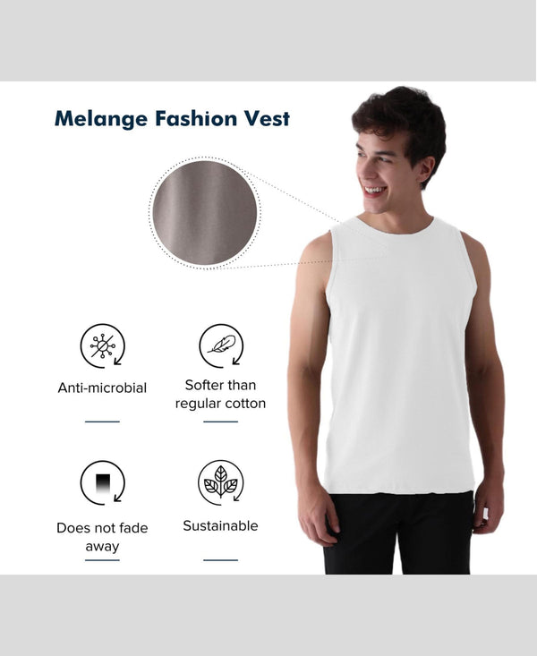 Almo Men’S Cotton Vest|Premium Melange Cotton|Regular Fit|Soft, Breathable, Fade-Resistant | Anti-Bacterial & Lightweight | Ideal For Gym/Sports Activities|Pack Of 2|Ice Melt::White