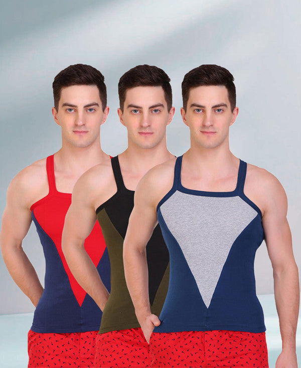 T.T. Men DesignerGym Vest Pack Of 3 Blue-Grey-Olive-Black-Blue-Red