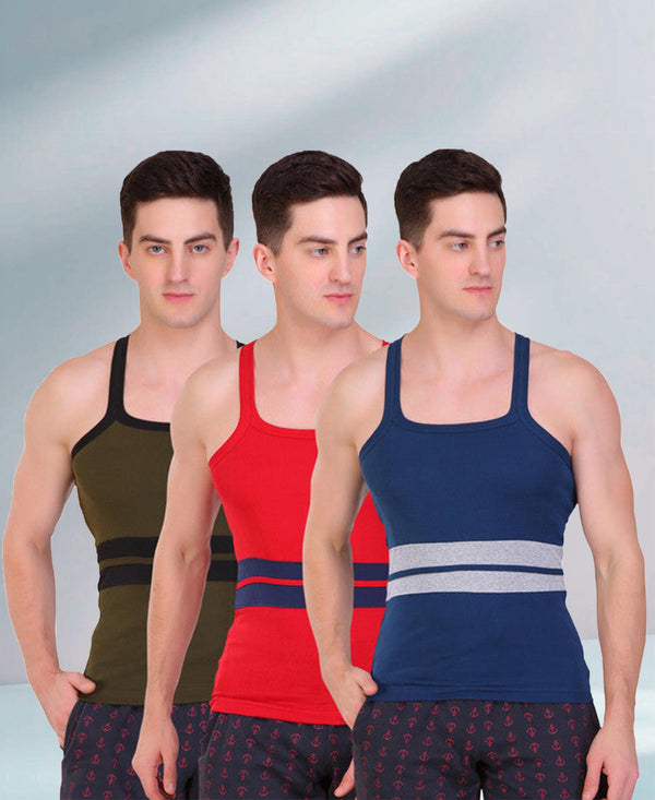 T.T. Men DesignerGym Vest Pack Of 3 Blue-Grey -Red-Blue-Olive-Black