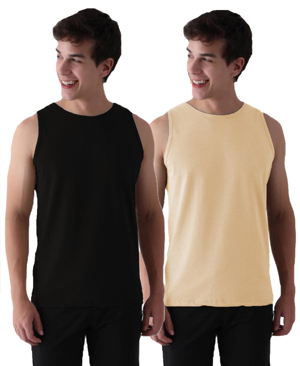 Almo Men’S Cotton Vest|Premium Melange Cotton|Regular Fit|Soft, Breathable, Fade-Resistant | Anti-Bacterial & Lightweight | Ideal For Gym/Sports Activities|Pack Of 2|Black::Tan