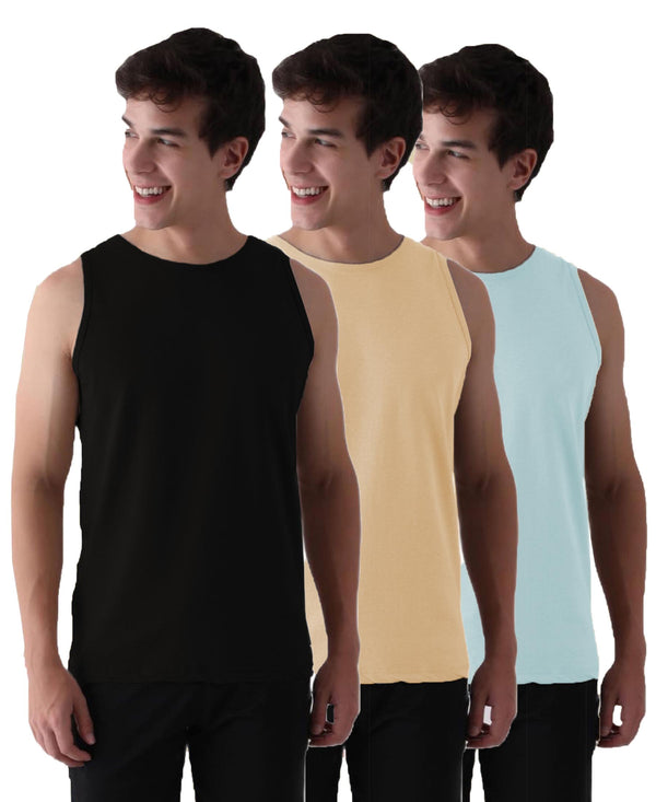 Almo Men’S Cotton Vest|Premium Melange Cotton|Regular Fit|Soft, Breathable, Fade-Resistant | Anti-Bacterial & Lightweight | Ideal For Gym/Sports Activities|Pack Of 3|Black::Tan::Ice
