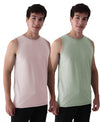 Almo Men’S Cotton Vest|Premium Melange Cotton|Regular Fit|Soft, Breathable, Fade-Resistant | Anti-Bacterial & Lightweight | Ideal For Gym/Sports Activities|Pack Of 2|Peach::Green