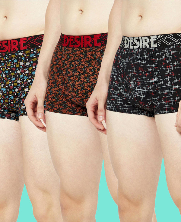 T.T. Mens Desire 100% Combed Cotton Printed Mini Top Elastic Trunk Pack Of 3 Grey-Navy-Orange