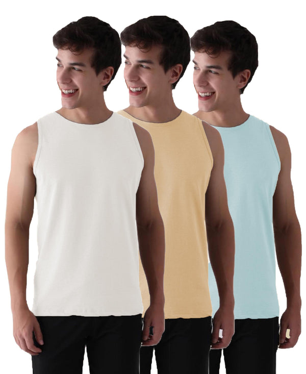 Almo Men’S Cotton Vest|Premium Melange Cotton|Regular Fit|Soft, Breathable, Fade-Resistant | Anti-Bacterial & Lightweight | Ideal For Gym/Sports Activities|Pack Of 3|White::Tan::Ice