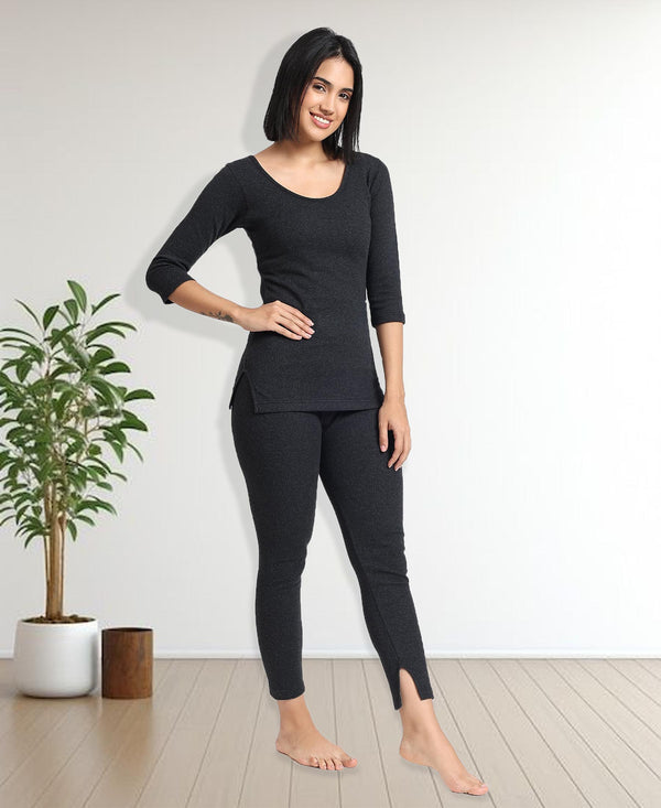 T.T. Women Regular Fit Cotton Rich With Elastomeric Finish 3/4Th Slip -Trouser Thermal Set -Black