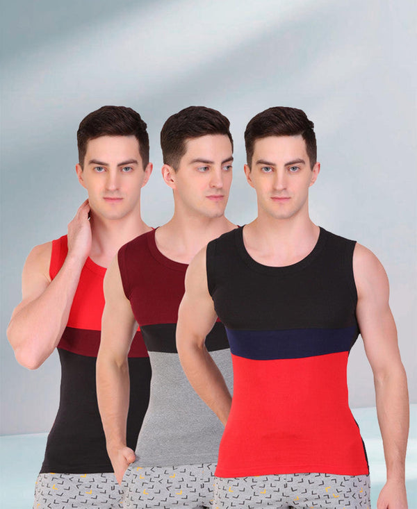 T.T. Men DesignerGym Vest Pack Of 3 Black-Red -Red-Black-Maroon-Grey