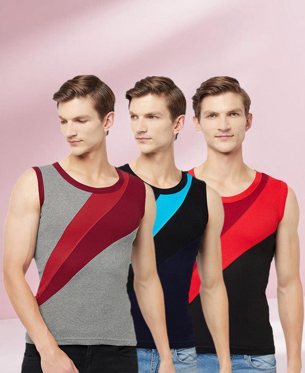 T.T. Men Designer Gym VestPack Of 3 Black-Red-Grey-Maroon-Navy-Sky