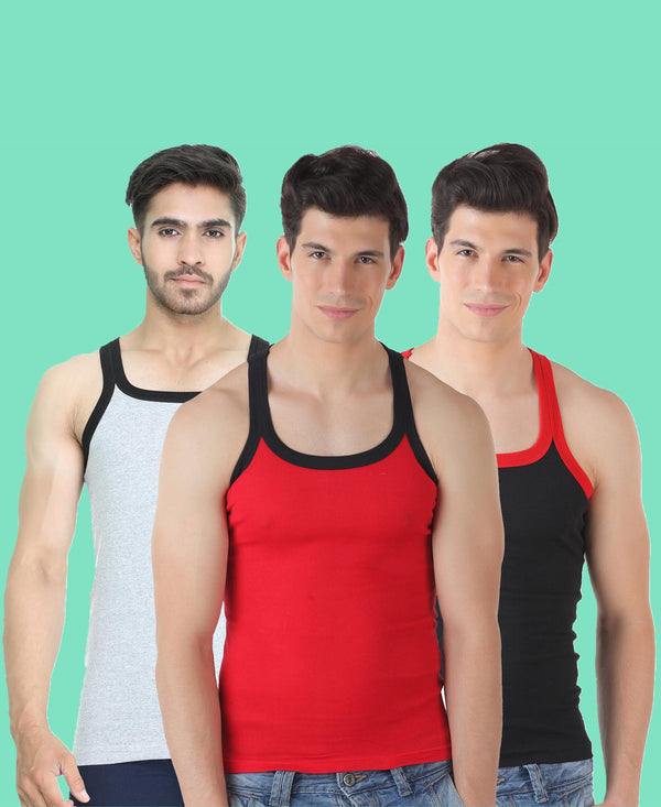 T.T. Men Solid Pack Of 3 Gym VestGrey-Red-Black