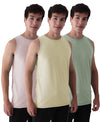 Almo Men’S Cotton Vest|Premium Melange Cotton|Regular Fit|Soft, Breathable, Fade-Resistant | Anti-Bacterial & Lightweight | Ideal For Gym/Sports Activities|Pack Of 3|Green::Tan::Peach