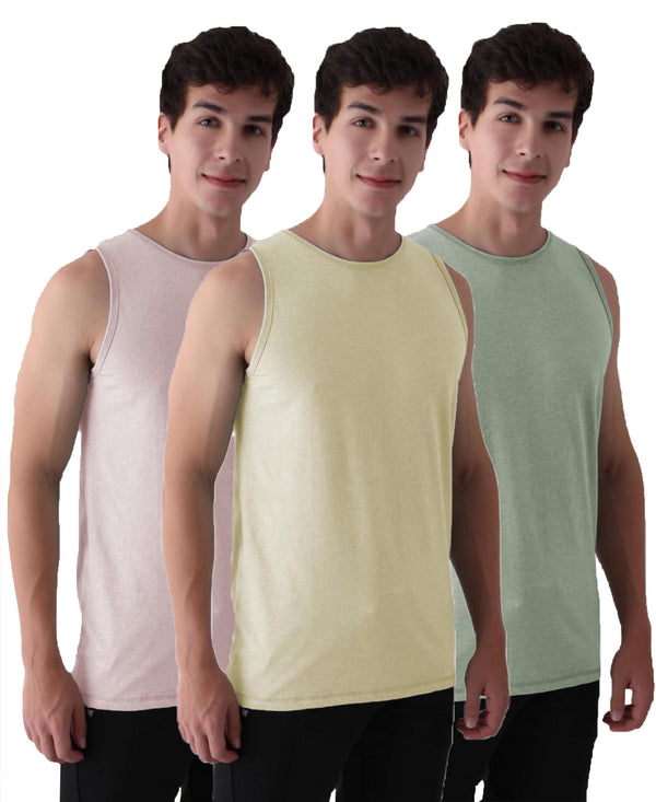 Almo Men’S Cotton Vest|Premium Melange Cotton|Regular Fit|Soft, Breathable, Fade-Resistant | Anti-Bacterial & Lightweight | Ideal For Gym/Sports Activities|Pack Of 3|Green::Tan::Peach