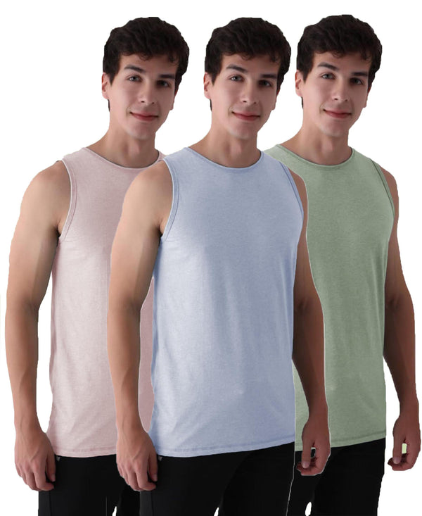 Almo Men’S Cotton Vest|Premium Melange Cotton|Regular Fit|Soft, Breathable, Fade-Resistant | Anti-Bacterial & Lightweight | Ideal For Gym/Sports Activities|Pack Of 3|Blue::Green::Peach