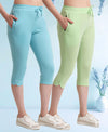 T.T. Women Regular Fit Poly Jersey Solid Capri Pack Of 2-Green-Turquoise