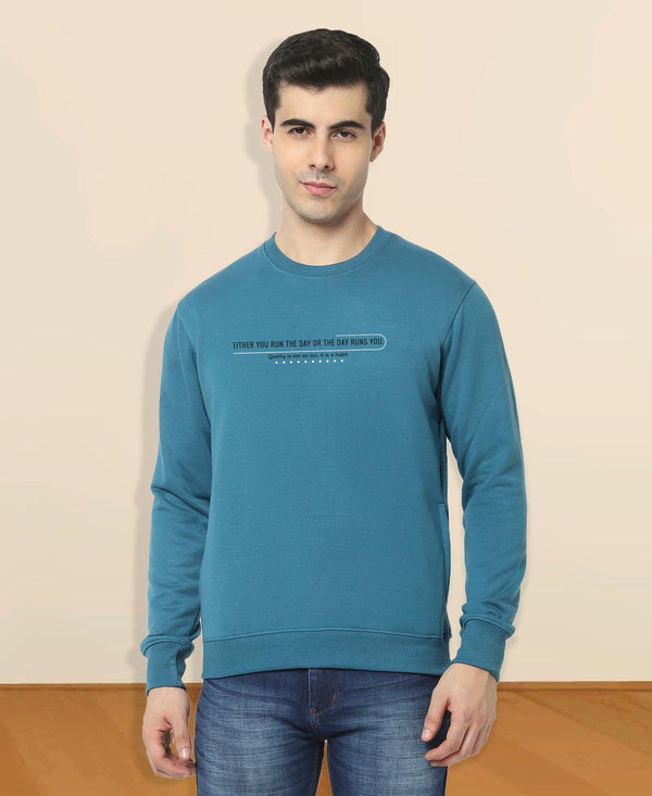 HiFlyers Men Slim Fit Slogan Printed Cotton Fleece Sweatshirt -Airforce