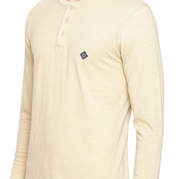 Almo Men Cotton Slub Henley T-Shirt | Full Sleeve | Lightweight & Breathable | Regular Fit Casual T-Shirt for Men-Tan