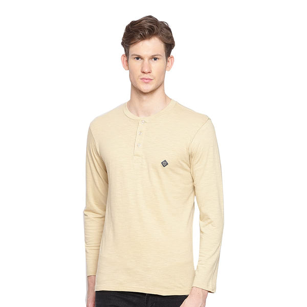 Almo Men Cotton Slub Henley T-Shirt | Full Sleeve | Lightweight & Breathable | Regular Fit Casual T-Shirt for Men-Tan