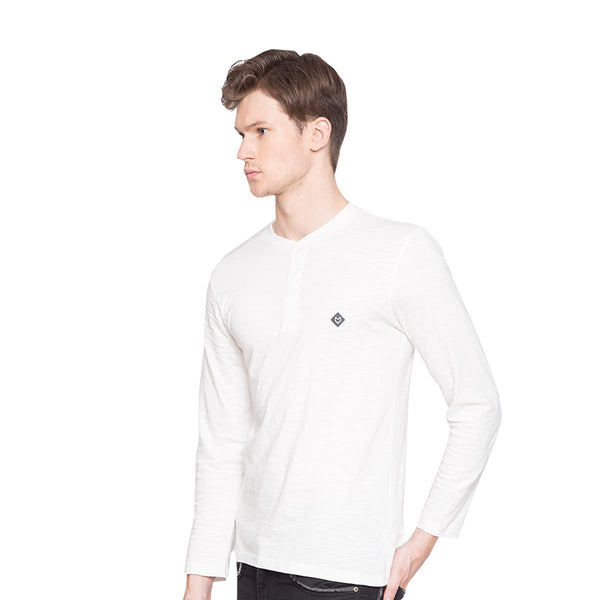 Almo Men Cotton Slub Henley T-Shirt | Full Sleeve | Lightweight & Breathable | Regular Fit Casual T-Shirt for Men-White
