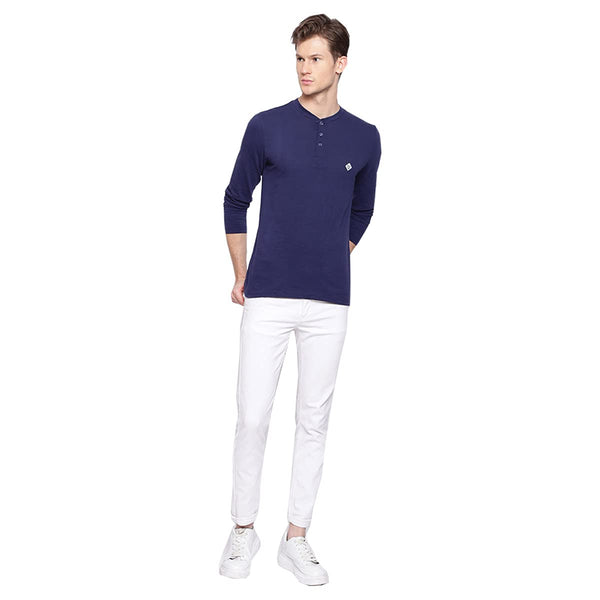 Almo Men Cotton Slub Henley T-Shirt | Full Sleeve | Lightweight & Breathable | Regular Fit Casual T-Shirt for Men-Navy