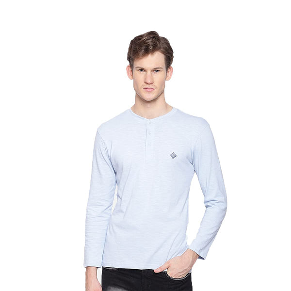 Almo Men Cotton Slub Henley T-Shirt | Full Sleeve | Lightweight & Breathable | Regular Fit Casual T-Shirt for Men-Light Blue