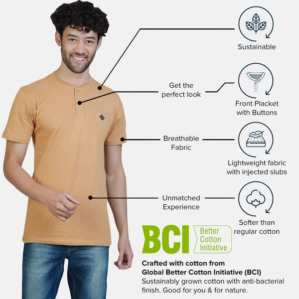 Almo Men Cotton Slub Henley T-Shirt | HalfSleeve | Lightweight & Breathable | Regular Fit Casual T-Shirt for Men-Dirty Orange