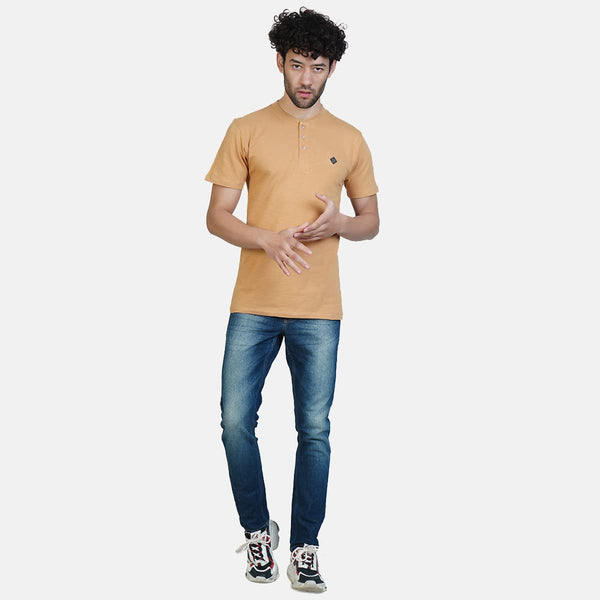 Almo Men Cotton Slub Henley T-Shirt | HalfSleeve | Lightweight & Breathable | Regular Fit Casual T-Shirt for Men-Dirty Orange