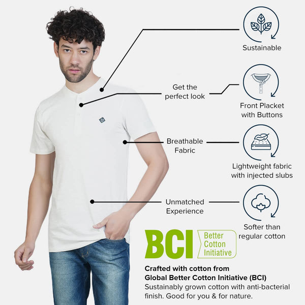 Almo Men Cotton Slub Henley T-Shirt | HalfSleeve | Lightweight & Breathable | Regular Fit Casual T-Shirt for Men-White
