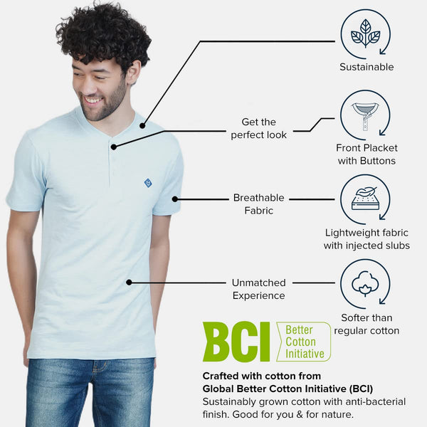 Almo Men Cotton Slub Henley T-Shirt | HalfSleeve | Lightweight & Breathable | Regular Fit Casual T-Shirt for Men-Light Blue