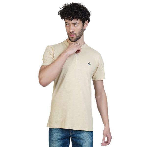 Almo Men Cotton Slub Henley T-Shirt | HalfSleeve | Lightweight & Breathable | Regular Fit Casual T-Shirt for Men-Tan